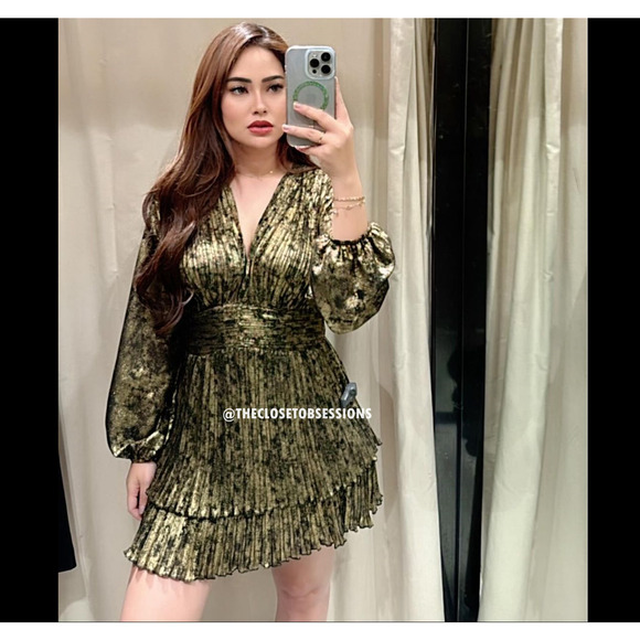 ZARA Metallic V-Neck Pleated Mini Dress NWT | Gold Long Sleeve (M) - Picture 7 of 16